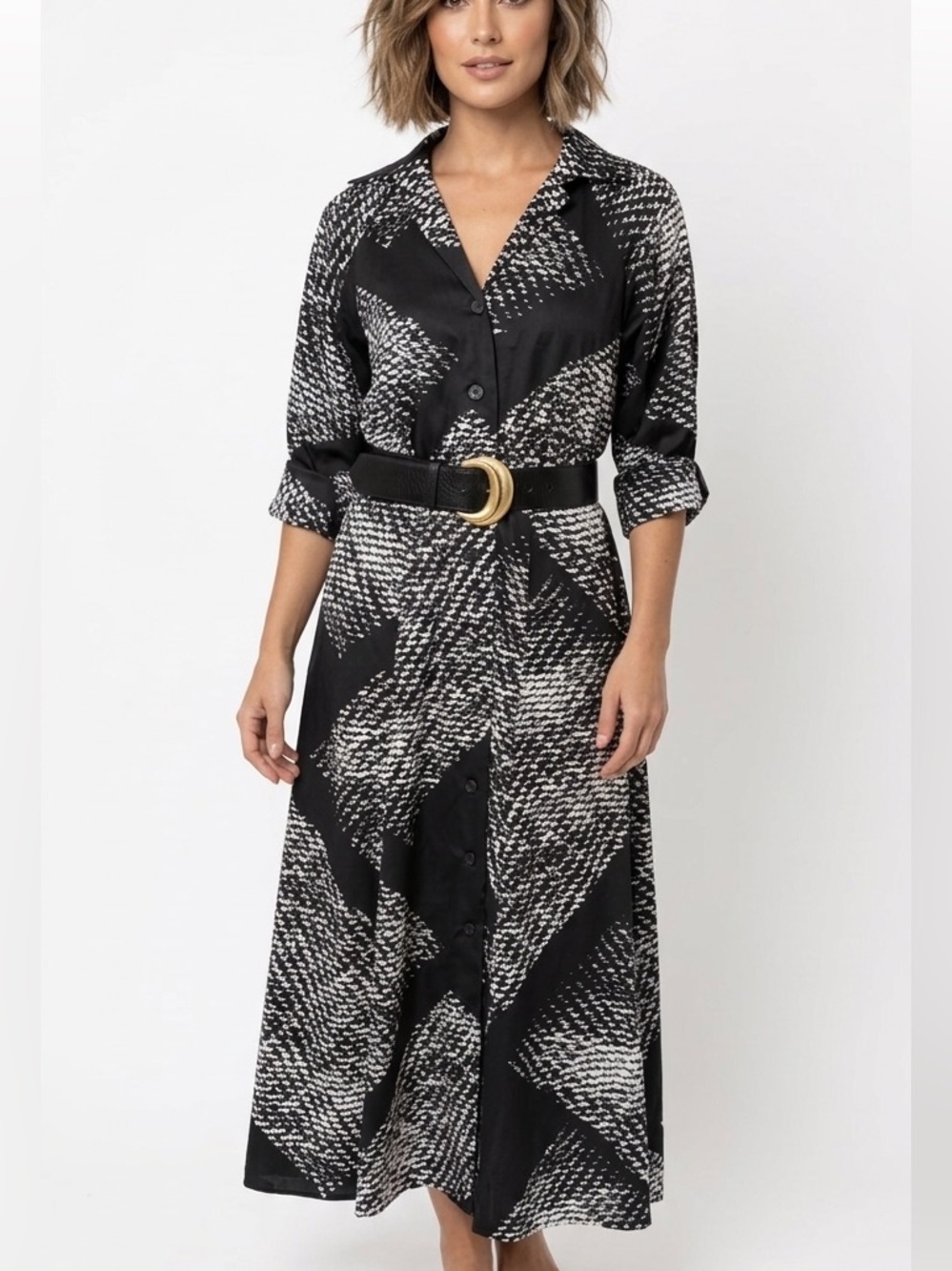 DONNA KARAN New Button Down Midi Dress 3/4 Sleeve Pockets Belt Black White Sz 4